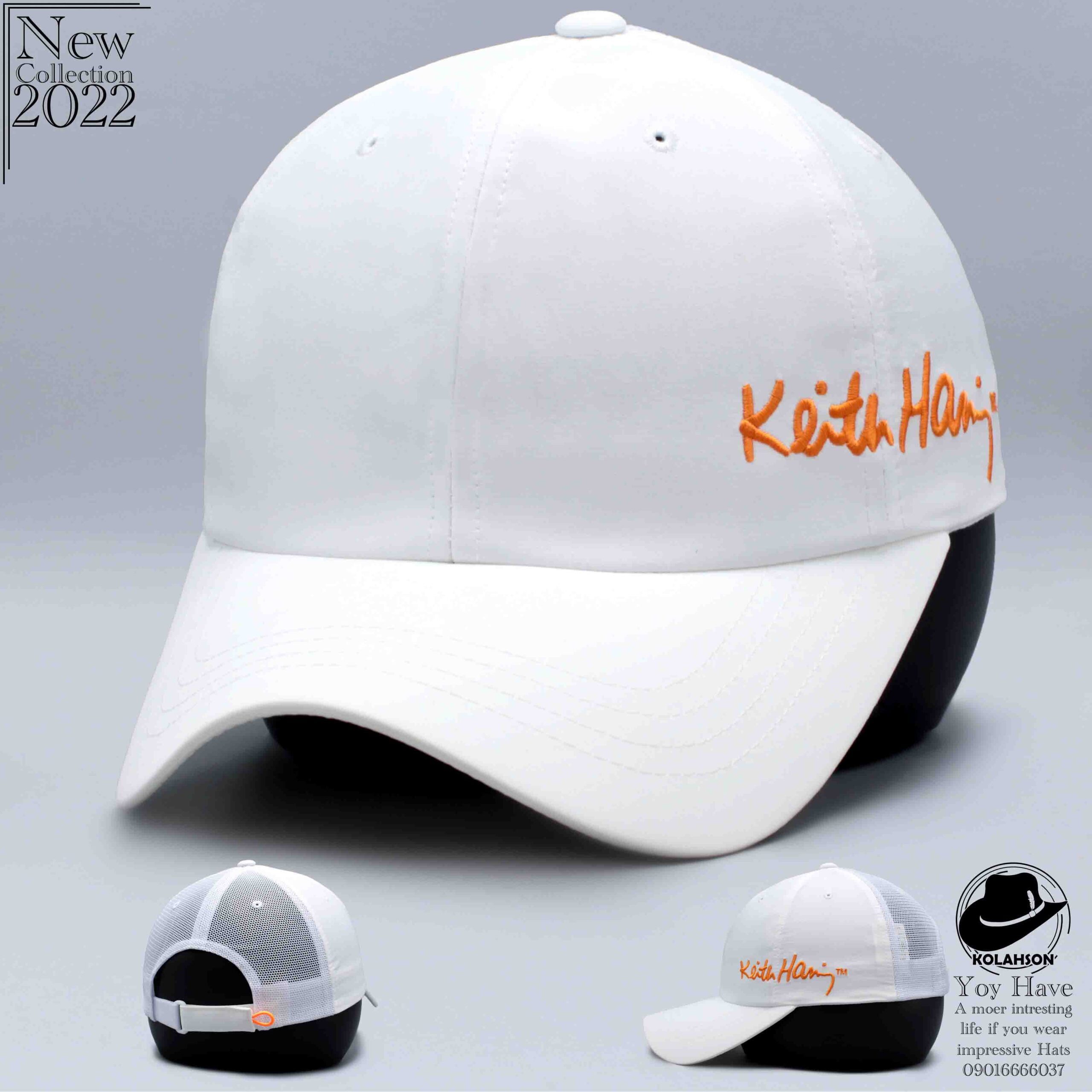 کلاه برزگسال اسپرت بیسبالی پشت توری طرح Keith Hari رنگ سفید دوخت نارنجی کد KBEBPTKHRSDN001 scaled