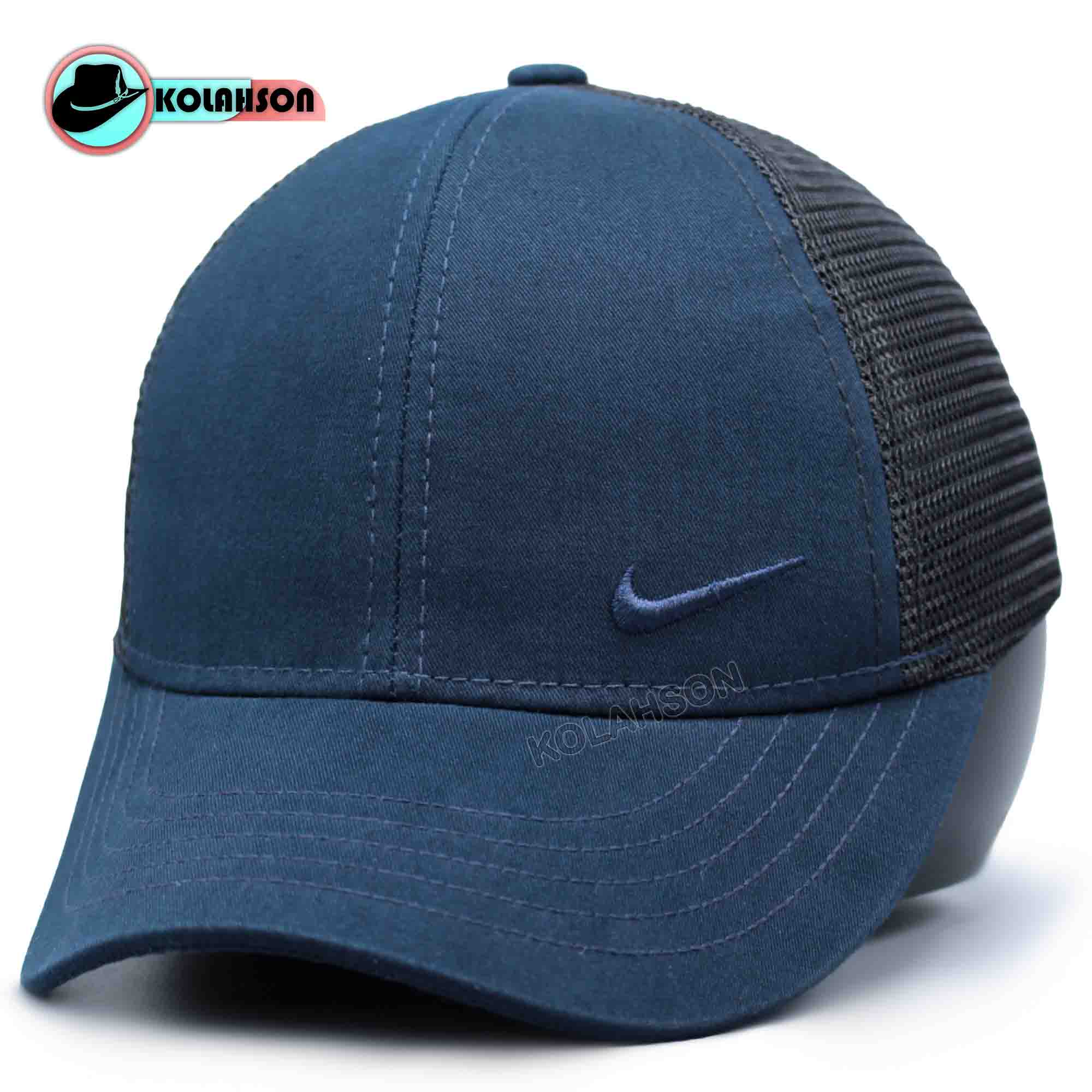 کلاه بزرگسالی اسپرت بیسبالی پشت توری طرح کوچک کنار طرح Nike با رنگ های سدری مشکی سرمه ای و طوسی کد KBEBPTKKTNBRHSMSVT001