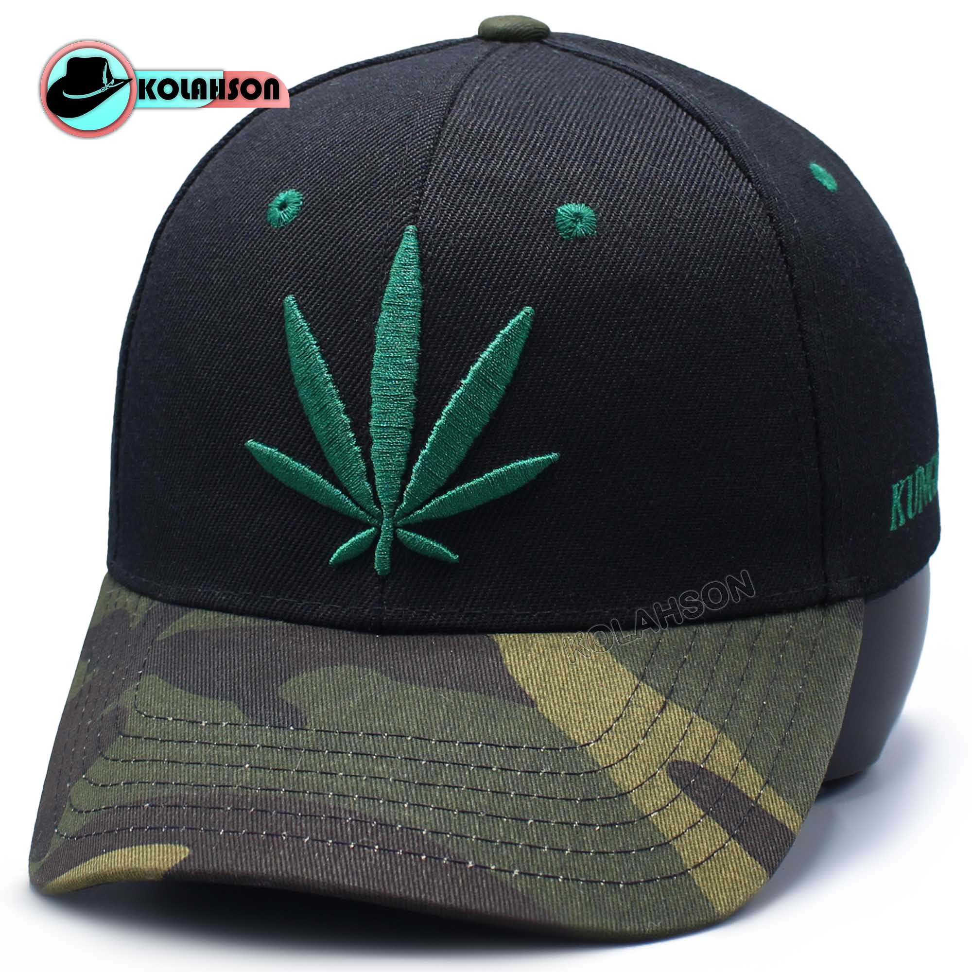 کلاه بزرگسال اسپرت بیسبالی طرح Weed تک رنگ مشکی با نقاب چیریکی سبز با دوخت سبز کد KBEBTWTRMBNCHSBDS001