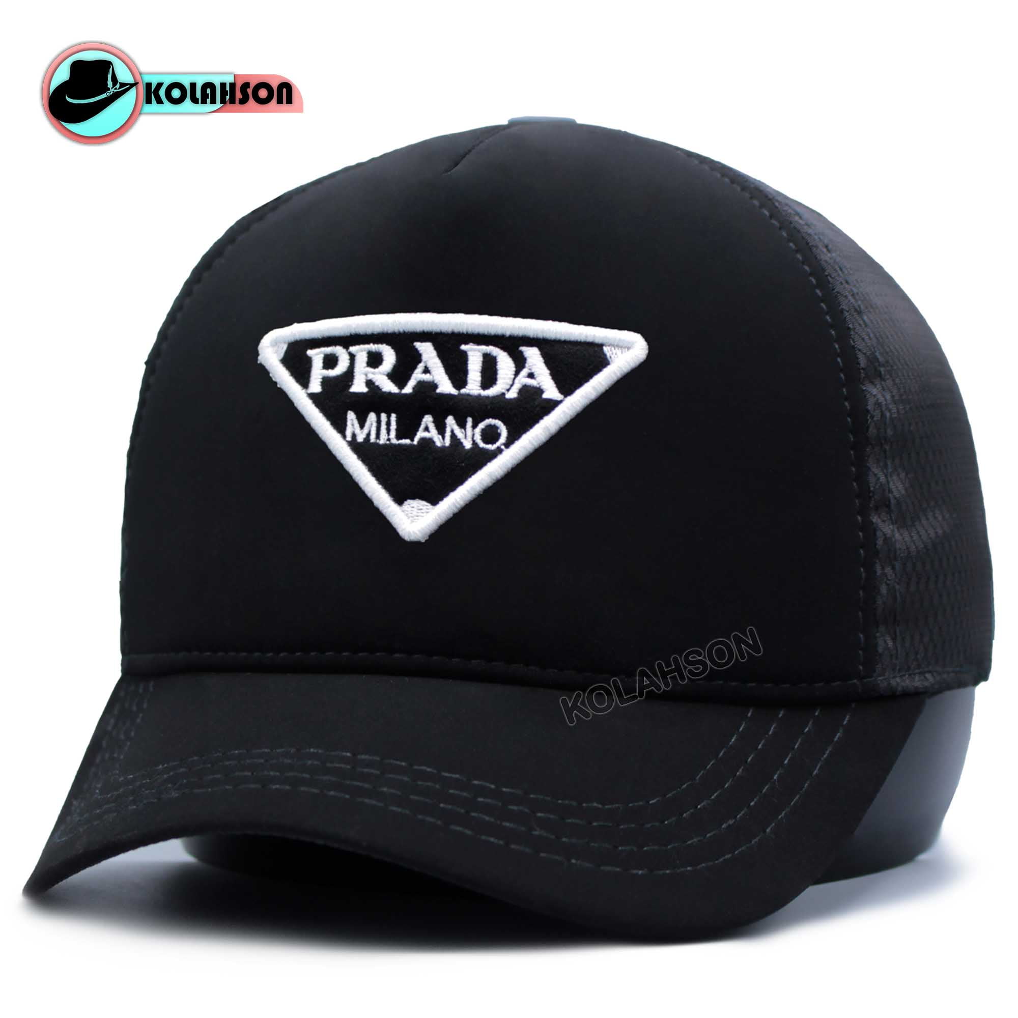 کلاه بزرگسال اسپرت بیسبالی پشت توری مخمل سوییت طرح Prada D2 با رنگ های مشکی دوخت سبز و مشکی دوخت سفید کد KBEBPMSTPD2BRHMDSVMDS001
